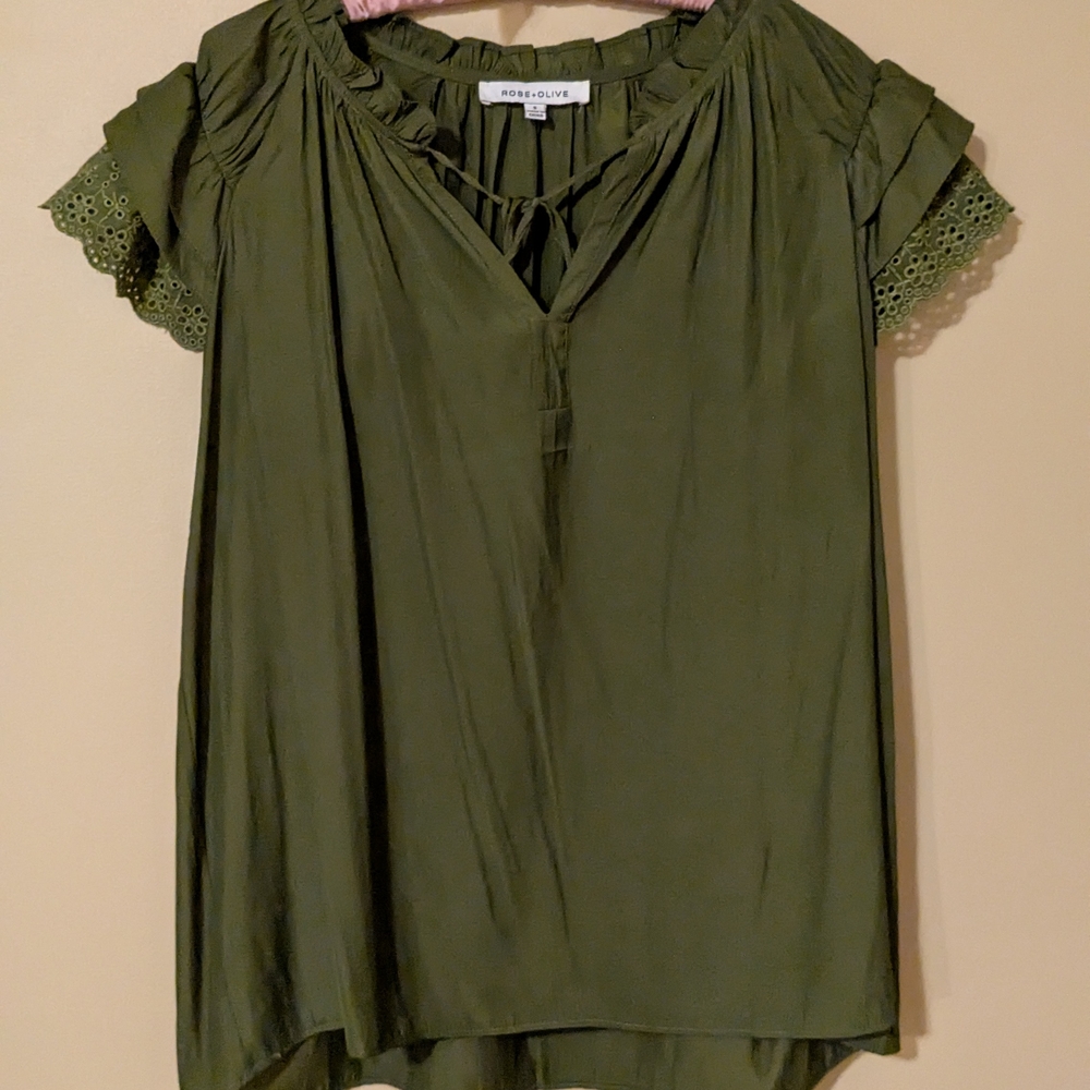 Rose & Olive Green Women's Top With Lace Ruffle Sleeves
